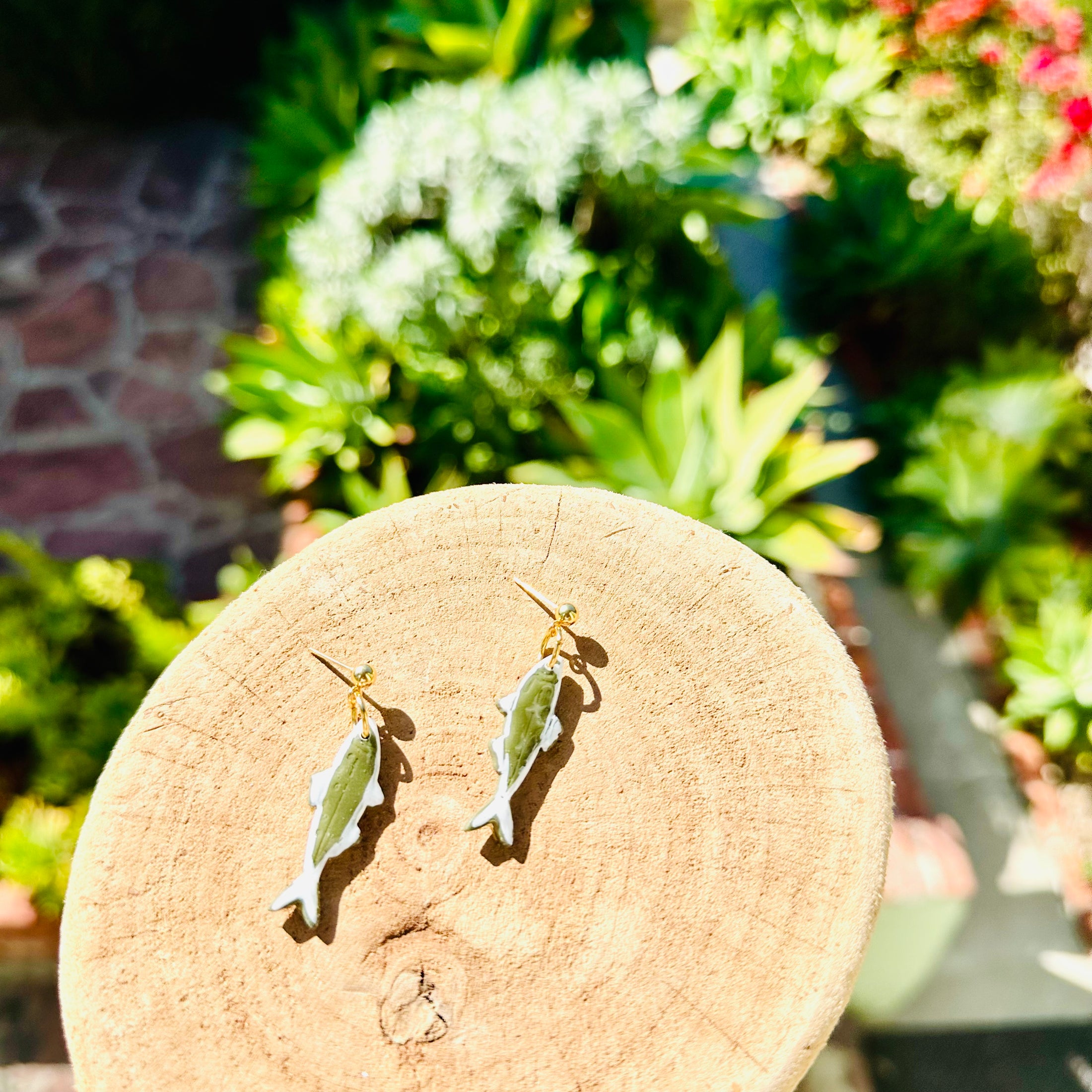 Handpainted Green and White Sardine Earrings