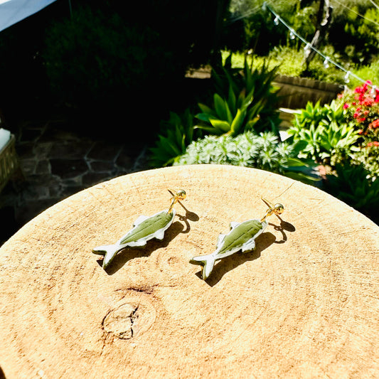 Handpainted Green and White Sardine Earrings