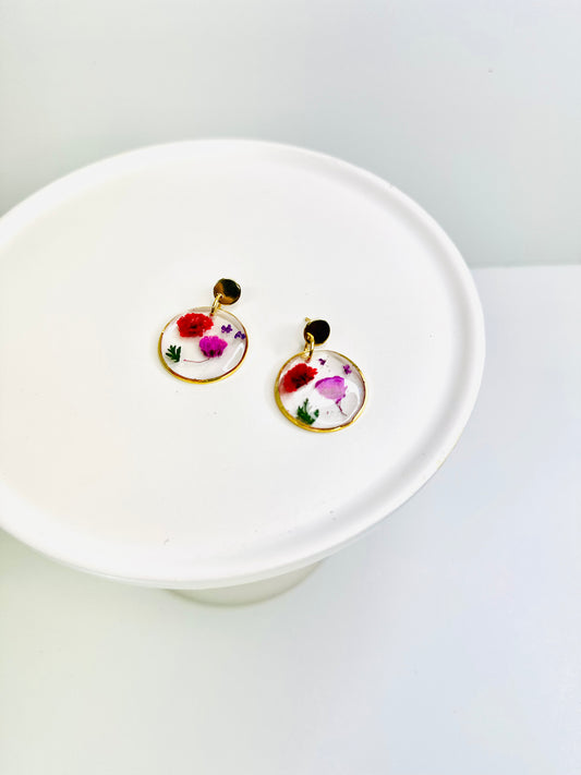 Pink and Red Flower Resin Earrings